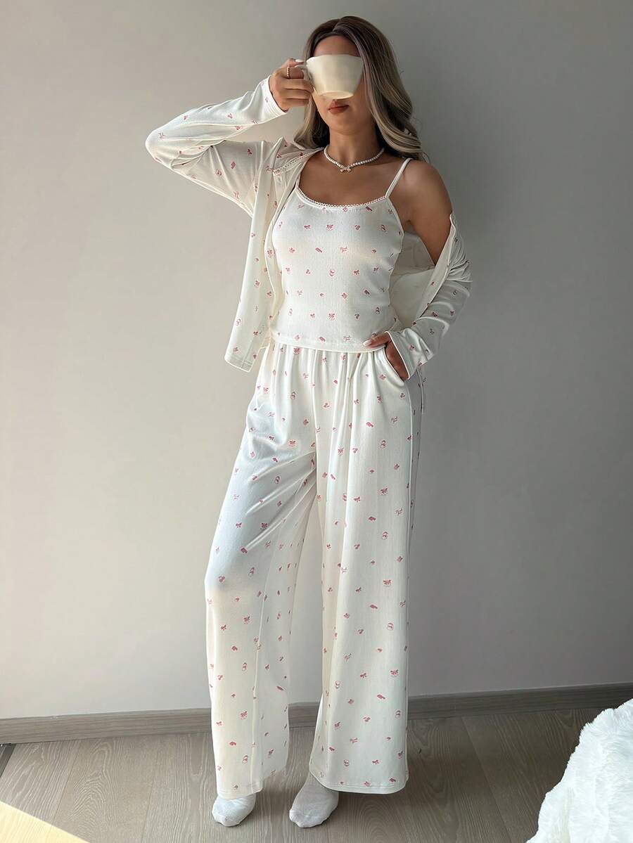 DAZY 3pcs/Set Sweet Ditsy Floral Full Graphic Cardigan, Camisole And Pants Women Pajama Set - White - View 1