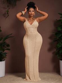 Slaydiva Đầm hai dây màu kaki dệt kim khoét eo, xuyên thấu, phong cách Bohemian mới mùa Xuân/Hè 2026, thích hợp cho kỳ nghỉ, tiệc tùng, cỡ lớn dành cho nữ. - Màu be - Xem 6