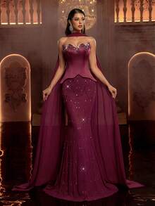 Glamrae Elegant, Luxurious, Colorful Rhinestone Embellished Strapless Mermaid Dress, Suitable For Weddings, Parties, Vacations, Galas, Formal Events (Heavy Embellishment) - Burgundy - View 4