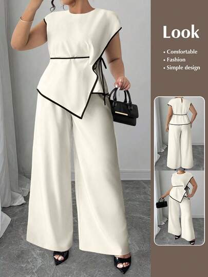 SHEIN CURVE+ Conjunto de 2 piezas de camisa y pantalones de talla grande, elegante y de verano, con bloqueo de color y dobladillo asimétrico