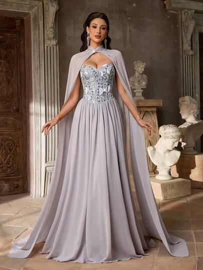 Aureia Elegant Luxury Sequins Embroidered Chiffon Patchwork Sequins A-Line Flared Skirt, Featuring Luxurious Sequin Design, Suitable For Evening Gowns, Business Formal, Guest Dresses, Formal Dresses Woman Formal Evening Dress Elegant Gowns Formal Evening