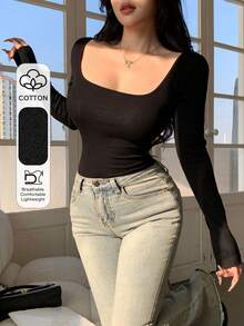 DAZY 女士方领修身休闲T恤，性感舒适，夏季必备 - 黑色 - 查看 2