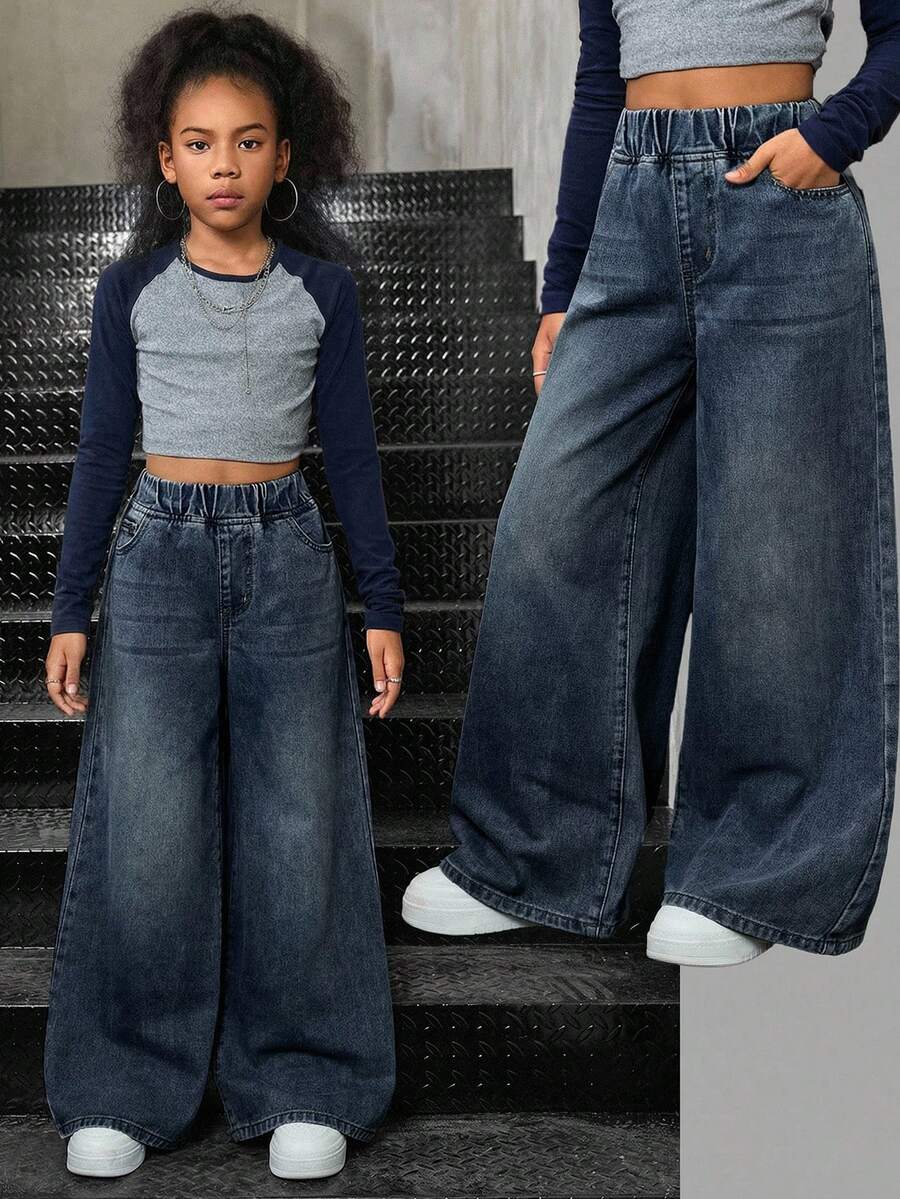 SHEIN Tween Girls' Elastic Waist Pockets Wide Leg Loose Casual Jeans - Dark Wash - View 1
