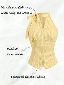 Olithes 春夏休闲时尚系带无袖修身V领开襟竖排纽扣收腰褶裥女式衬衫 - 黃色 - 查看 1