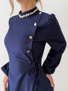 Rafferiza Women's Casual Ruched Unique Button Tie-Up Flared Dress, Navy Blue,Turkish Abaya, Arab Long Robe Fall Cloth For Women - Navy Blue - View 5