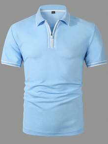 Manfinity Mode 男士短袖拉链领 Polo 衫，适合外出和办公穿着 - 淺藍色 - 查看 3