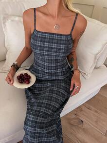 DAZY Damen kariertes figurbetontes elegantes Maxikleid Sommerkleid für Frauen - Blau - Übersicht 1