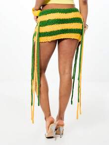 SUMWON WOMEN Striped Crochet Tassel Mini Skirt With Fringe Details Asymmetric Hem Festival Beach Summer Party Vacation Boho Chic Style - Multicolor - View 2