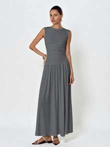 Aveloria Modichic White Minimalist Sophisticated Pleated Crew Neck Sleeveless Dress - Dark Grey - View 4