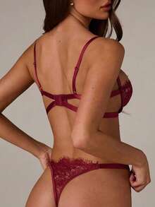 SHEIN BAE Floral Lace Underwire Bra & Panty Sexy Lingerie Set - Burgundy - View 2