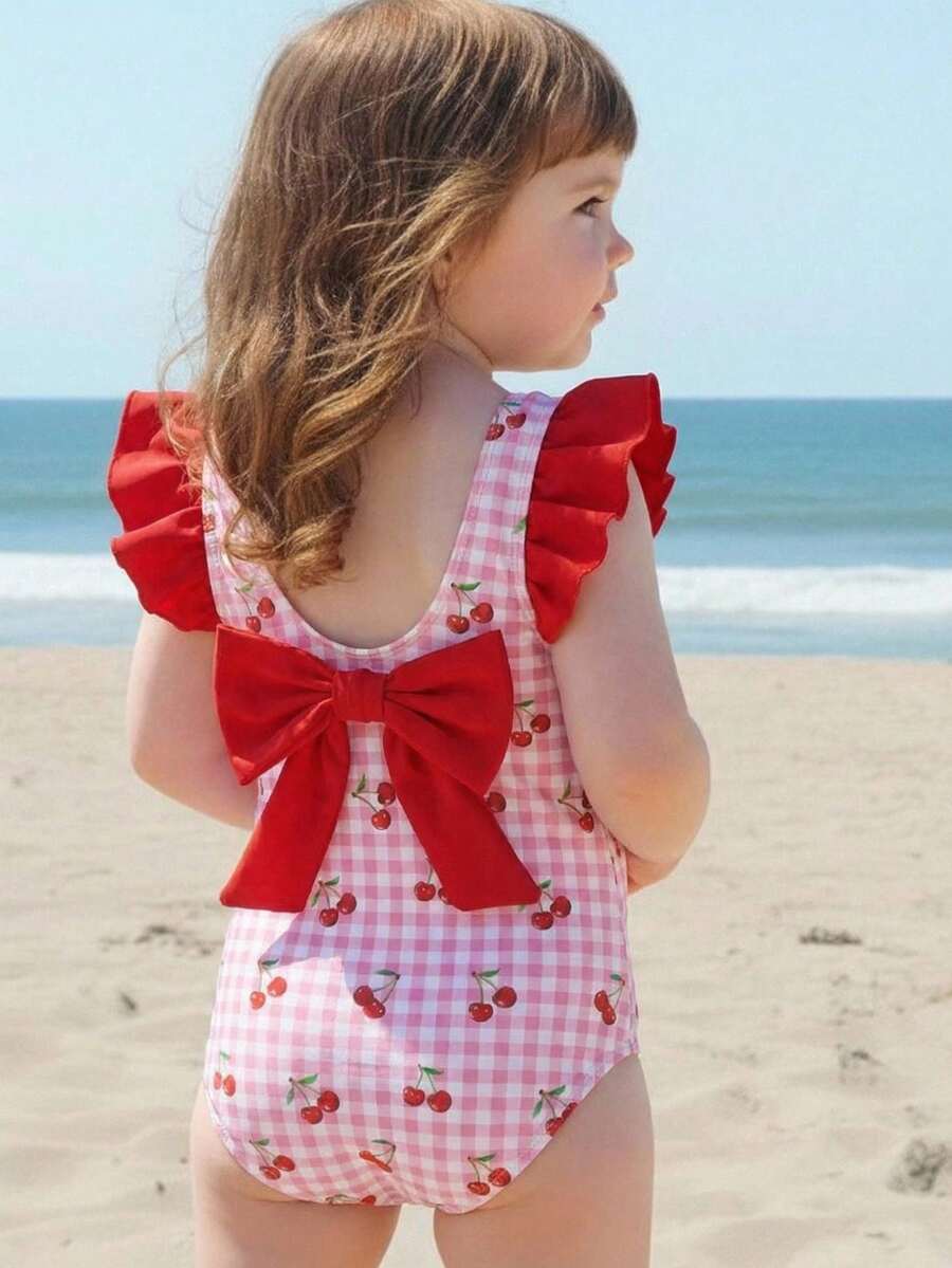 LMoss Kids 女婴樱桃印花撞色荷叶边袖口蝴蝶结露背连体泳衣，沙滩/度假风 - 彩色 - 查看 1