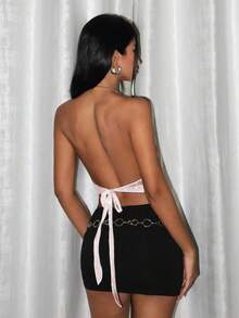 EgrlEra 垂坠领口链条细节系带露背亮片吊带上衣，适合新年假日派对穿着 - 粉色 - 查看 2