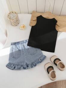 SHEIN Baby Girls' Black Summer Top With Bow Tie And Denim Ruffle Shorts Set 2pcs,Cute Holiday Short Sleeve Outfits,Rainbow Embroidered Casual Clothes Set - Multicolor - View 3