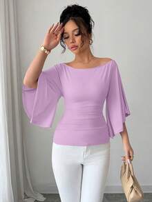 1pc Women's Solid Color Off-Shoulder Elastic Knit Flare Sleeve T-Shirt - Mauve Purple - View 4