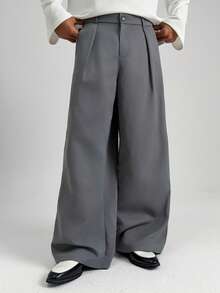 PAVTROS Men's Solid Color Pleated Casual Loose Wide-Leg Pants - Dark Grey - View 5