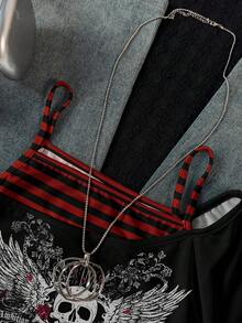 Attitoon 红黑条纹朋克翅膀骷髅印花 Y2K Grunge 哥特风女式休闲复古撞色短袖T恤 – 西部风音乐节春夏街头复古朋克嘻哈美学，适合音乐节、俱乐部、健身房、运动场合 - 彩色 - 查看 5