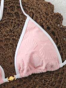 Swim Chiccia 欧美新款跨境露背系带贝壳装饰面料特殊材质女士三件套性感比基尼泳衣上衣海三角可爱比基尼上衣 - 粉色 - 查看 3