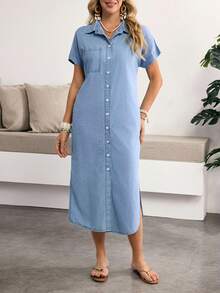 Breezaya Women's Denim Extra Long High Slit Dress - Blue - View 4