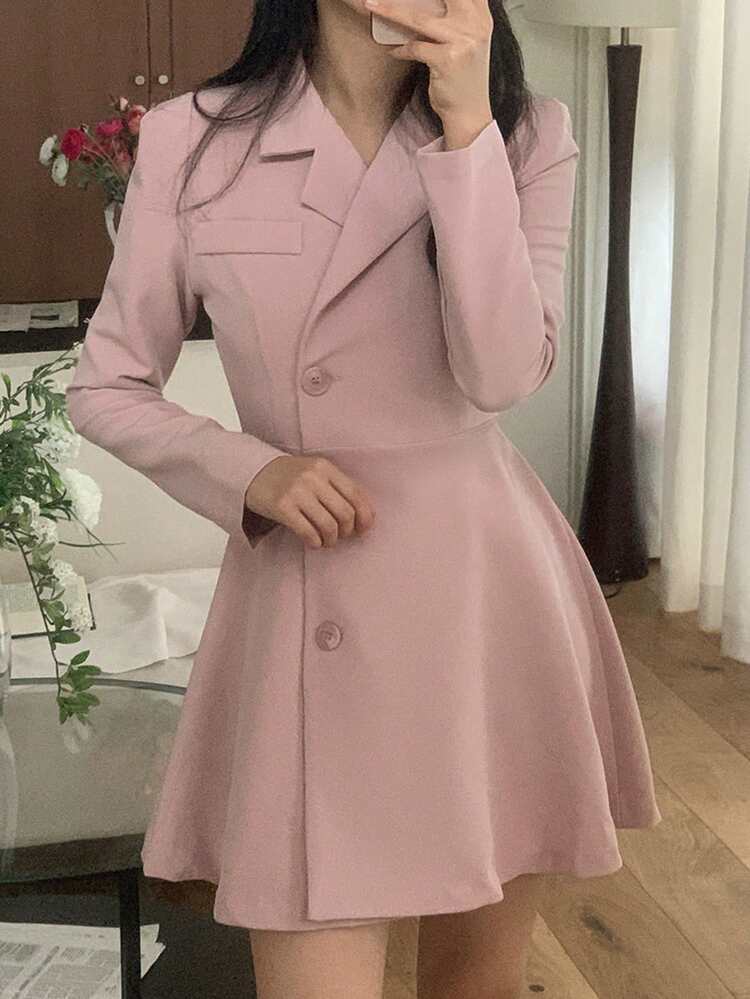 Lapel Single-Breasted Cinched Waist Long Sleeve Dress For Women Sundress