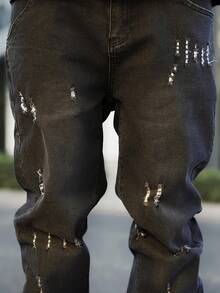 Devon Thys 垃圾摇滚哥特 Y2K 风格时尚休闲运动学院修身年轻街头成熟商务破洞弹力裤 - 黑色 - 查看 3