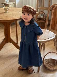 DAZY Áo thun ngắn tay cổ bẻ kiểu Hàn Quốc cho bé gái, chất liệu denim mài, dễ thương, thích hợp mặc mùa hè. - Màu xanh lam - Xem 3