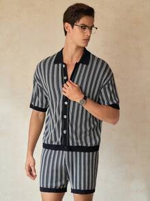RONVEXI Men's Casual Striped Knit Shirt & Shorts Set - Multicolor - View 3
