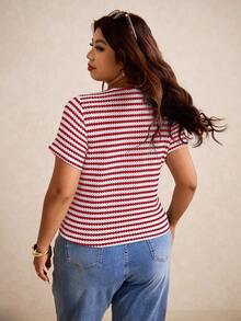 Elaquor Plus Size Summer Casual Striped Button Front Short Sleeve T-Shirt, Going Out Tops - Red and White - View 2
