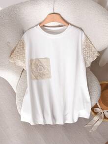 SHEIN Cosyjoi Plus Size Women's T-Shirt, Round Neck Patchwork Short Sleeve Casual T-Shirt Suitable For Daily Wear Vintage Spring/Summer Going Out Top, Summer Tops - White - View 1