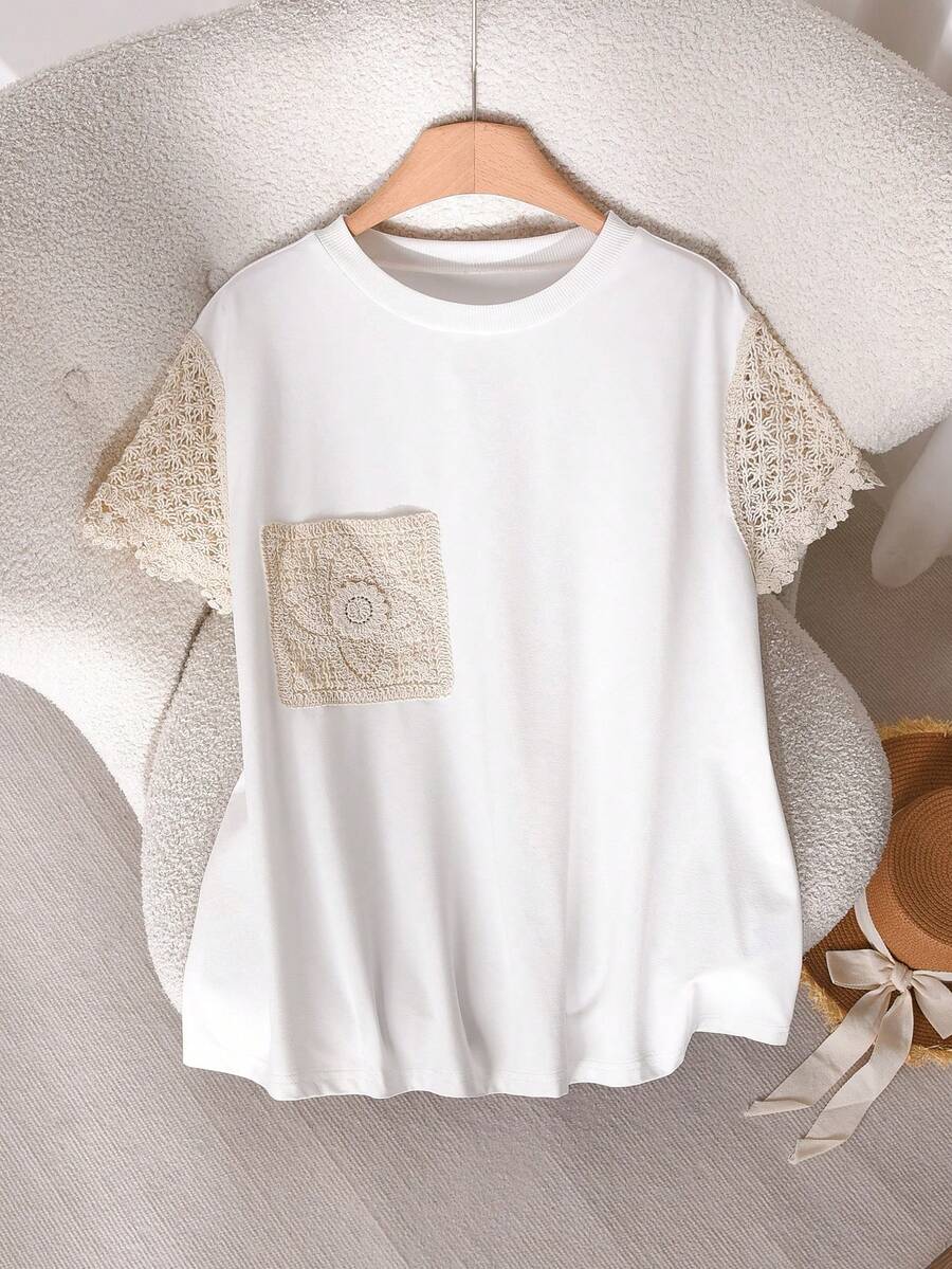 SHEIN Cosyjoi Plus Size Women's T-Shirt, Round Neck Patchwork Short Sleeve Casual T-Shirt Suitable For Daily Wear Vintage Spring/Summer Going Out Top, Summer Tops - White - View 1