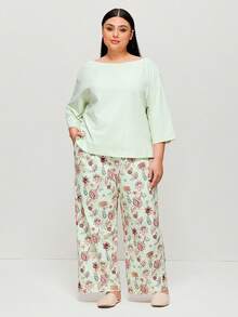 LUVLETTE Bộ đồ ngủ cỡ lớn dành cho nữ, gồm áo cổ thuyền màu xanh lá cây mềm mại bằng cotton và quần in họa tiết hoa, có túi, thích hợp mặc ngoài. - màu xanh lá - Xem 9