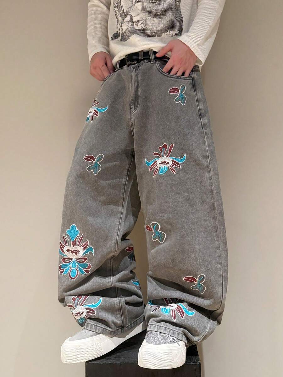 STEELVANCE 休闲宽松直筒牛仔裤，饰有花卉刺绣，百搭街头风服饰 - 灰色 - 查看 1