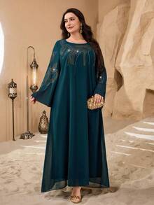 Al Najma Women's Fashionable Chiffon Rhinestone Embellished Long Sleeve Round Neck Dress, Elegant For Banquet, Holiday Party, Arabic Style - Dark Green - View 5