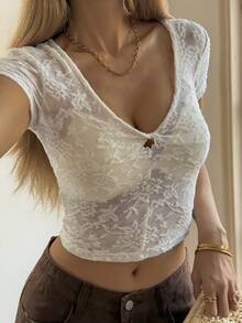 DAZY Women's Summer Semi-Sheer Lace V-Neck Short Sleeve Casual Slim Fit Undershirt - White - View 5