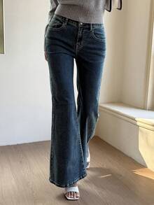 DAZY Women's Backpocket Wing Embroidery Slim Flare Jeans, Casual & Sexy - Medium Wash - View 3