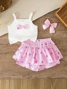 SHEIN LMoss Kids 女婴可爱夏季休闲针织吊带背心和条纹短裤套装 - 白色 - 查看 1