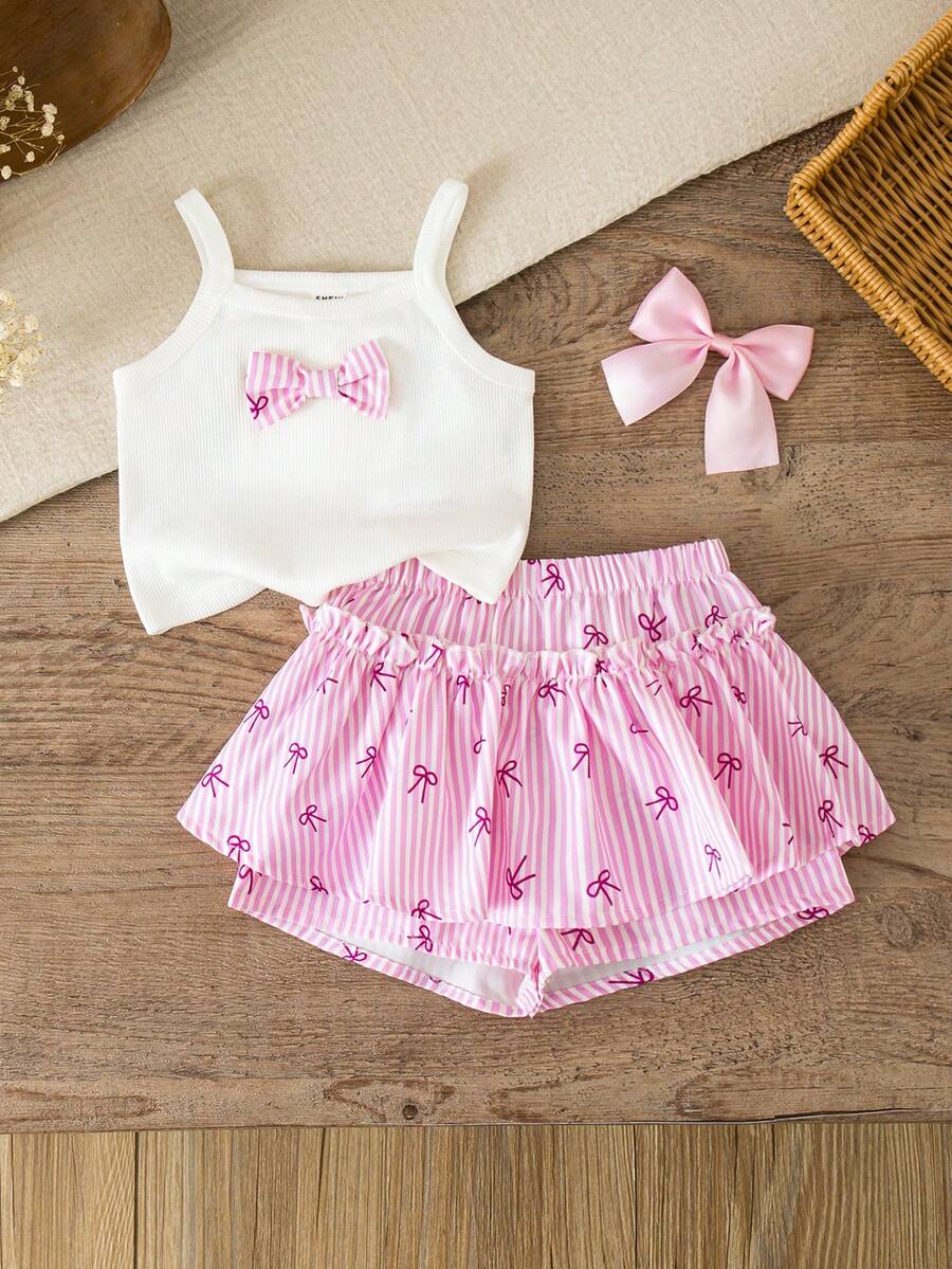 SHEIN LMoss Kids 女婴可爱夏季休闲针织吊带背心和条纹短裤套装 - 白色 - 查看 1