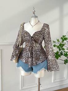 Comfortcana Áo nữ cỡ lớn in họa tiết da báo cổ điển tay phồng cổ vuông, thích hợp cho mùa Thu/Đông. - Nhiều màu - Xem 6