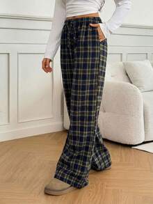 SHEIN Tall Women's Belted Plaid Straight Leg Loose Casual Pants - Yellow - View 3