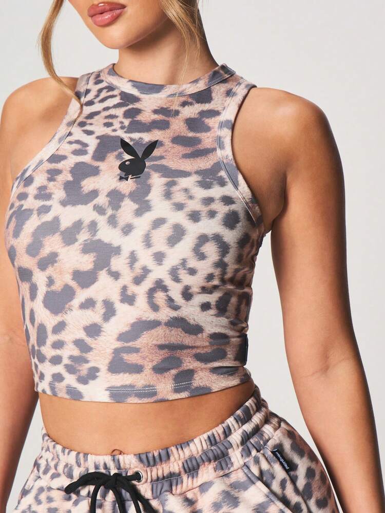 Missguided x Playboy Regata Cropped Estampa de Onça Sem Mangas com Detalhe de Logo para Moda de Verão