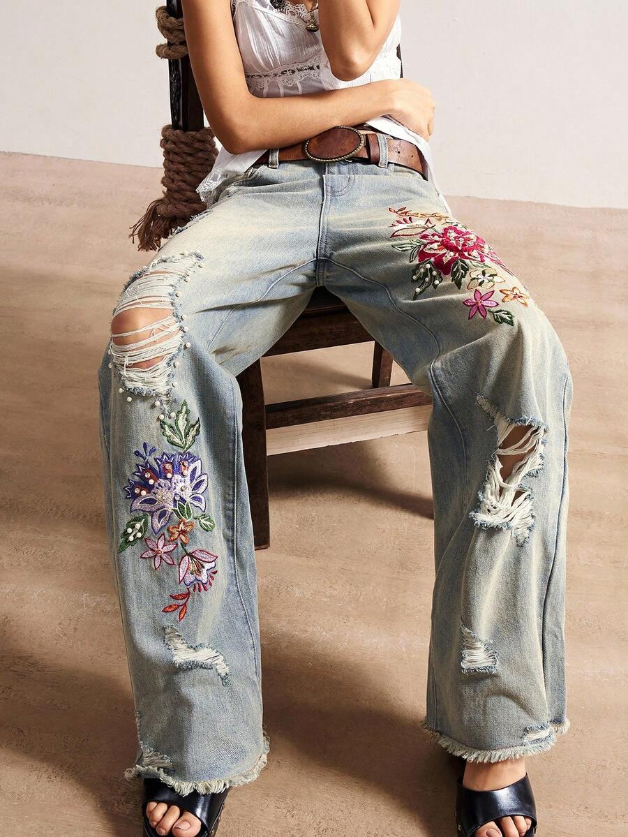 Bohemela 大码女式花卉刺绣口袋做旧直筒宽松牛仔裤
