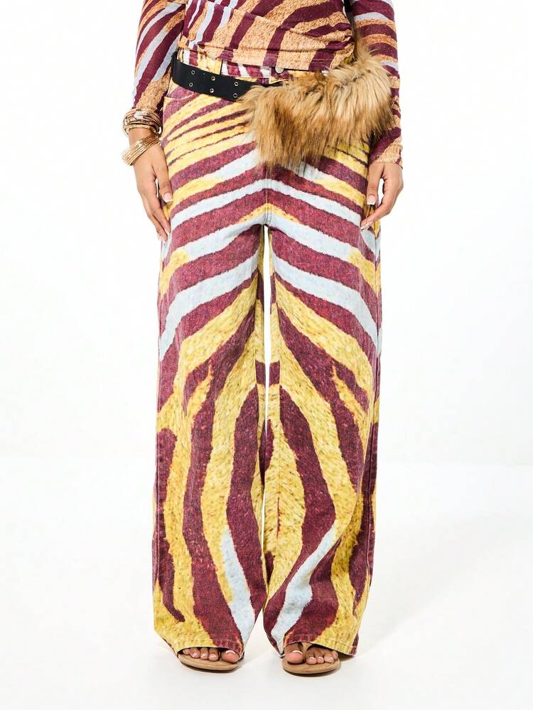 SUMWON Pantalon large à taille haute en imprimé zébré pour femmes, style boho, fluide, pour festival et détente. Pantalon casual pleine longueur avec motif imprimé animal