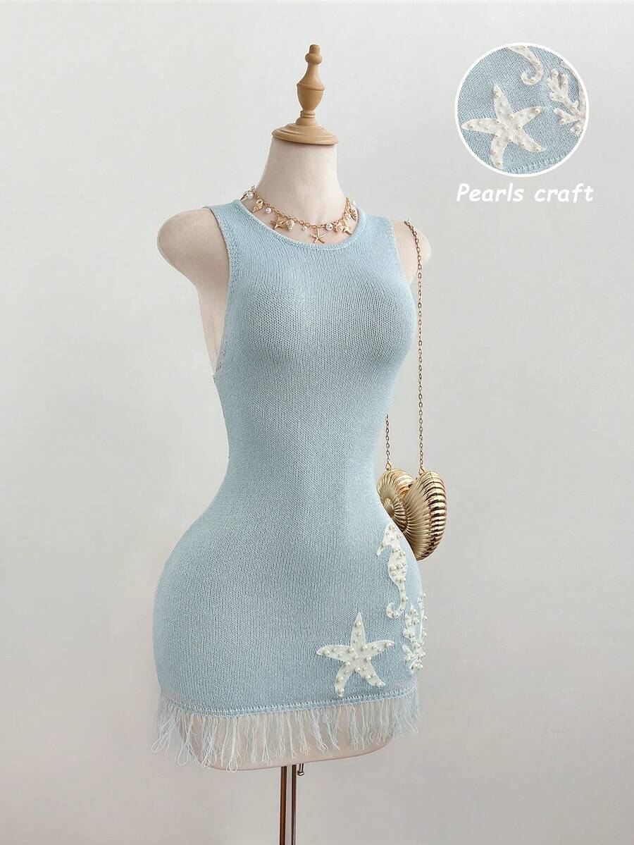 Flirla 女士性感时尚串珠装饰流苏下摆无袖迷你针织连衣裙 - 藍色 - 查看 1