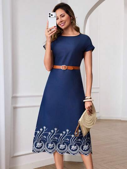 Miaspire Women's Floral Embroidery Round Neck Short Sleeve Elegant Dress