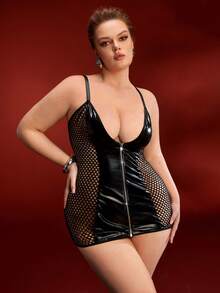 EmpressEnvy Zipper, Glossy PU Patchwork, Large Mesh Fabric, Punk Charm Clubwear For Masquerade, Bar Party, Club, Music Festival, Plus Size Lingerie - Black - View 6
