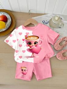 SHEIN 2pcs/Set Baju Lengan Pendek dan Celana Pendek Motif Balerina & Cappuccino Lucu untuk Anak Perempuan, Cocok untuk Musim Panas, Kembali ke Sekolah - MultiWarna - View 2