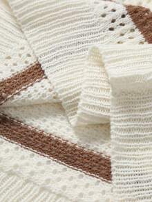 RONVEXI Men's Casual Vacation Style Contrast Striped V-Neck Open Knit Top, Summer - Apricot - View 6