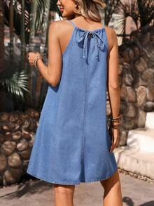Breezaya Women's Loose Casual Halter Neck Denim Dress For Vacation - Light Wash - View 2