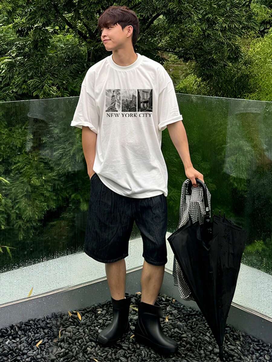 DAZY Men's Letter Print White Short Sleeve Crew Neck T-Shirt, Summer - White - View 1