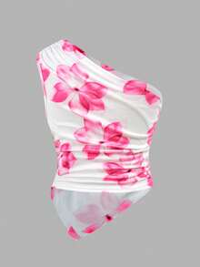 SHEIN 少女休闲优雅花卉褶皱不对称下摆衬衫 - 白色 - 查看 5