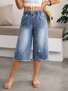 Breezaya Pantalones vaqueros de mujer con bordado de margaritas y efecto desgastado, pantalones casuales de verano para mujer, pantalones vaqueros de mujer con bordado floral, atuendos de playa para mujer - Azul - Ver 6